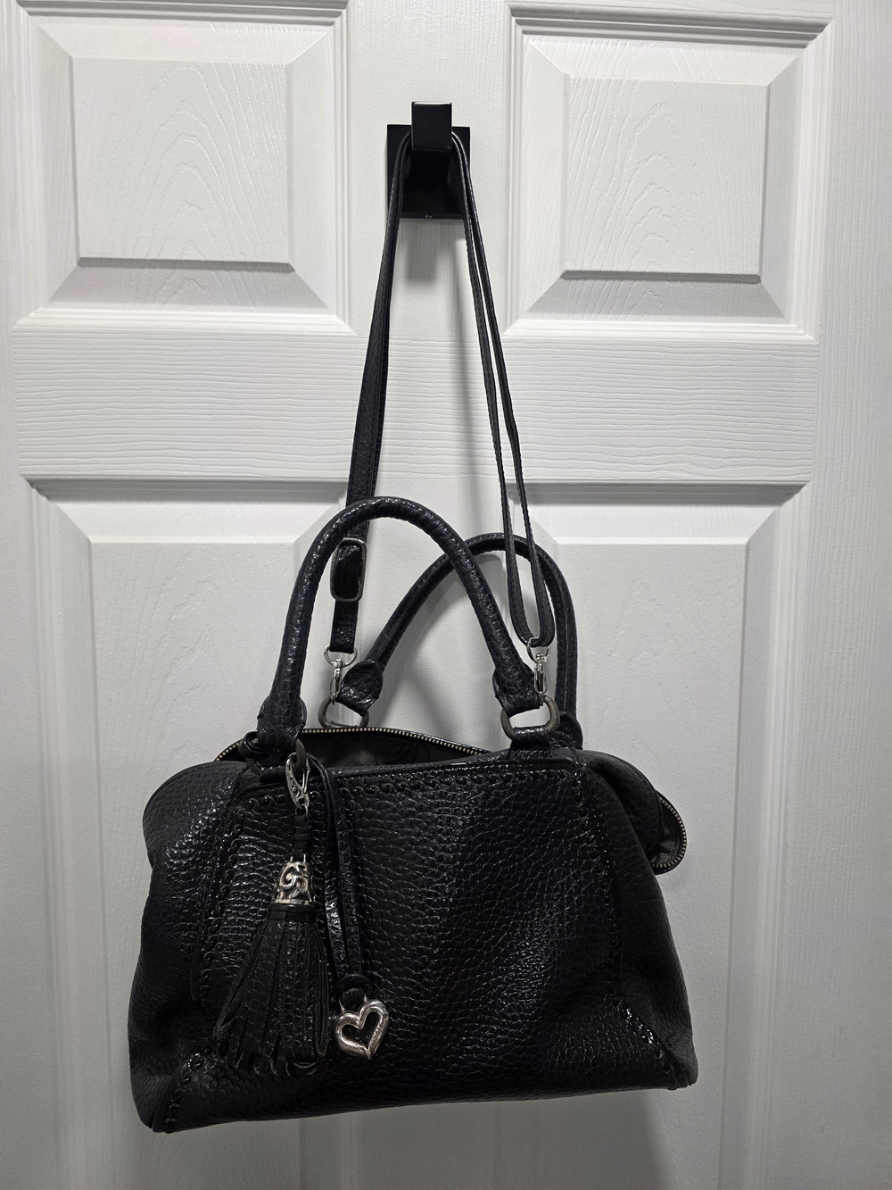 Brighton Black Pebbled Leather Satchel with Tassel and Heart Charm
